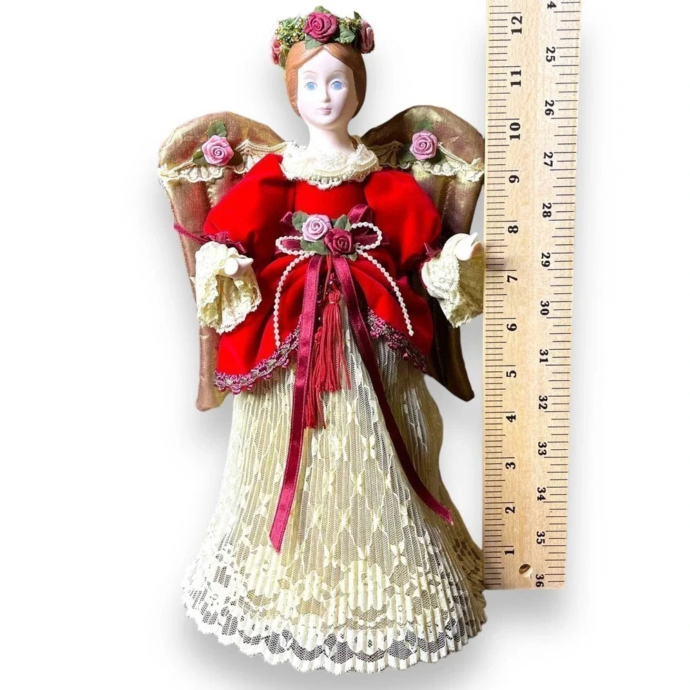 VTG Kurt Adler Angel Tree Topper Large Ornament 1990 Victorian Lace Red Ivory